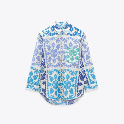 Aurora Blue Azure Printed Floral Geometric Long Sleeve Blouse