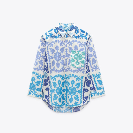 Aurora Blue Azure Printed Floral Geometric Long Sleeve Blouse Aurora Blue Azure Printed Floral Geometric Long Sleeve Blouse