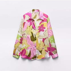 Betty Pink Floral Silk Satin Collared Neckline Long Sleeve Blouse