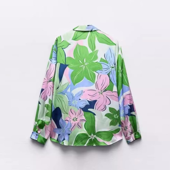 Betty Green Floral Silk Satin Collared Neckline Long Sleeve Blouse Betty Green Floral Silk Satin Collared Neckline Long Sleeve Blouse