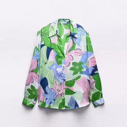 Betty Green Floral Silk Satin Collared Neckline Long Sleeve Blouse