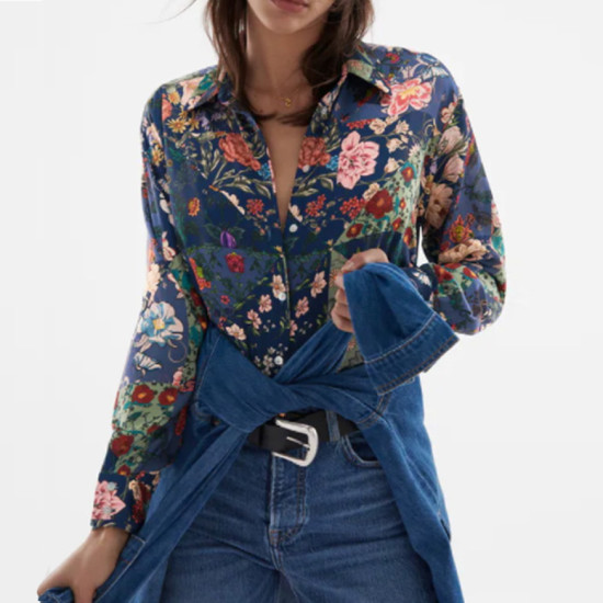 Gulya Floral Silk Lapel  Long Sleeve Blouse