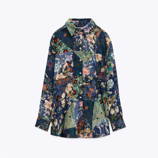 Gulya Floral Silk Lapel  Long Sleeve Blouse