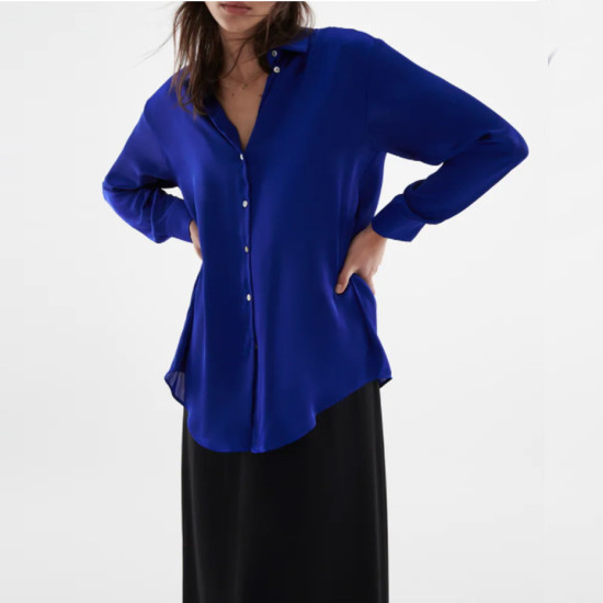 Hitomi Plain Silky Blouse - Azure Blue Hitomi Plain Silky Blouse - Azure Blue