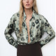 Naimah Silk Satin Green Floral Tie-Dye Long Sleeve Blouse