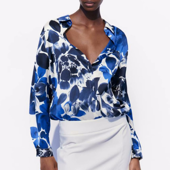 Bianca Blue Floral Printed Lapel Travel Long Sleeve Blouse