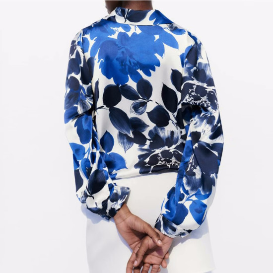 Bianca Blue Floral Printed Lapel Travel Long Sleeve Blouse