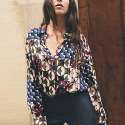 Emmy Collared Neckline Geometric Printed Long Sleeve Blouse