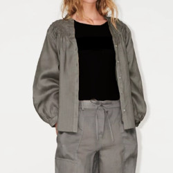 Amira Grey Pleated Laced Long Sleeve Blouse