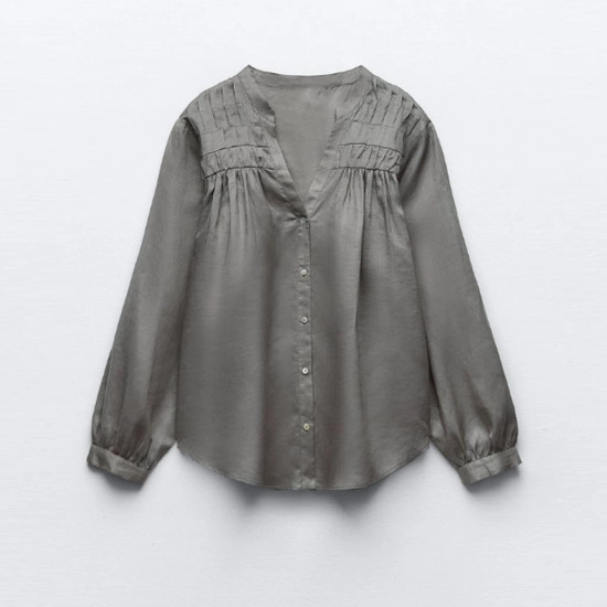 Amira Grey Pleated Laced Long Sleeve Blouse