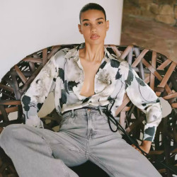 Remy Satin Grey Black White Floral Long Sleeve Blouse