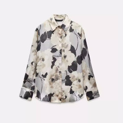 Remy Satin Grey Black White Floral Long Sleeve Blouse