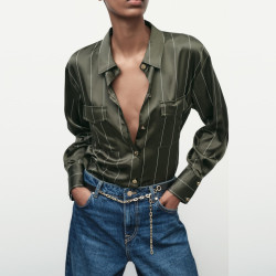 Nina Army Green Collared Neckline Striped Satin Blouse