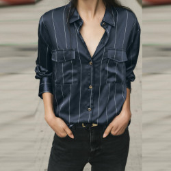 Nina Blue Collared Neckline Striped Satin Blouse