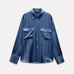Nina Blue Collared Neckline Striped Satin Blouse