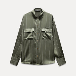 Nina Army Green Collared Neckline Striped Satin Blouse
