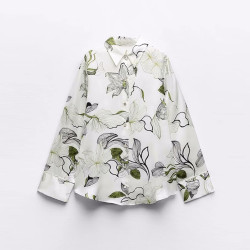 Olive Satin Floral Printed Soft Green Collared Neckline Long Sleeve Blouse