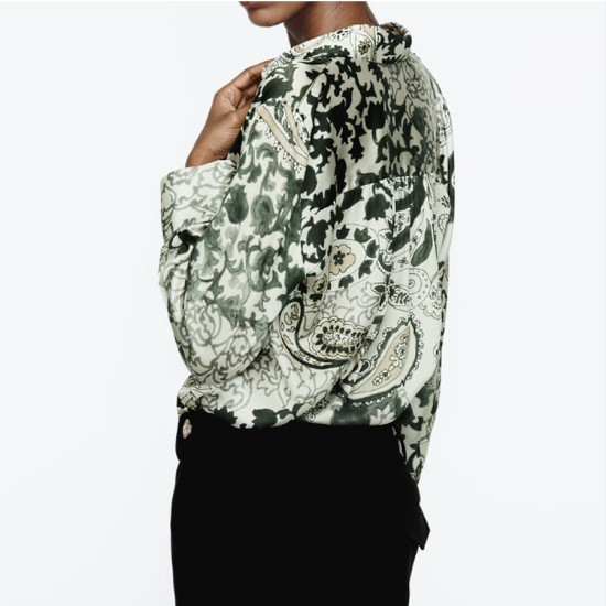 Sunmi Paisley Silver Green Silk Satin Floral Collared Breast Pocket Long Sleeve Blouse