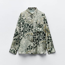 Sunmi Paisley Silver Green Silk Satin Floral Collared Breast Pocket Long Sleeve Blouse