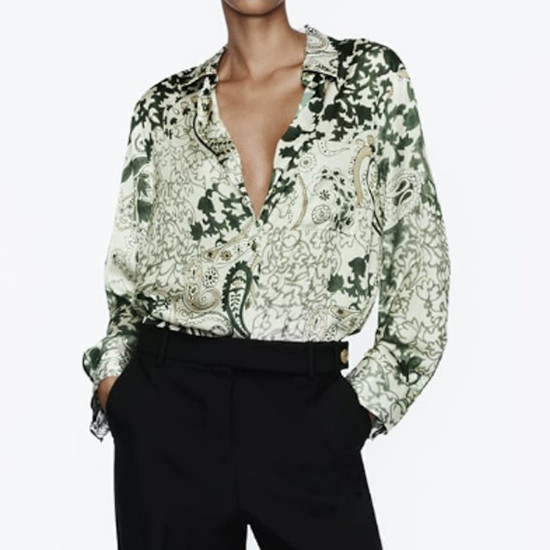 Sunmi Paisley Silver Green Silk Satin Floral Collared Breast Pocket Long Sleeve Blouse