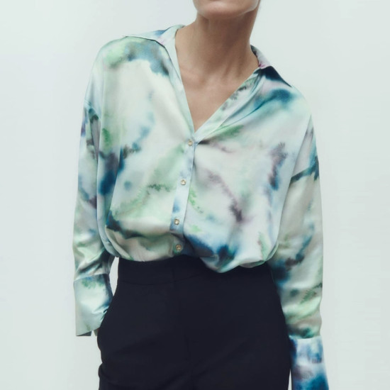 Leyna Tie-Dye Green V-neckline Collared Loose Long Sleeve Blouse Leyna Tie-Dye Green V-neckline Collared Loose Long Sleeve Blouse