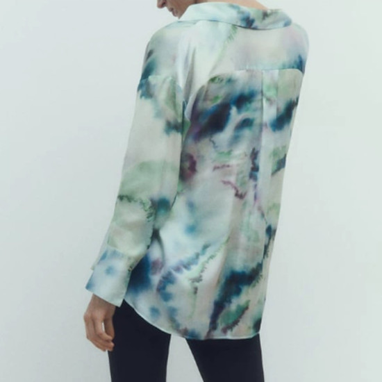 Leyna Tie-Dye Green V-neckline Collared Loose Long Sleeve Blouse Leyna Tie-Dye Green V-neckline Collared Loose Long Sleeve Blouse