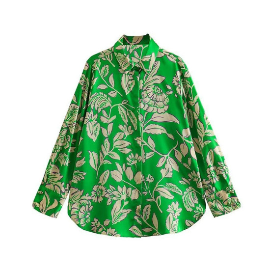 Dina Green Floral Collared Neckline Cuff Wrist Long Sleeve Blouse