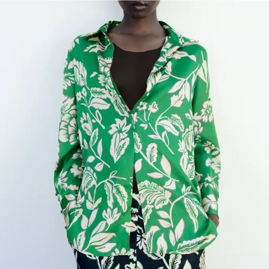 Dina Green Floral Collared Neckline Cuff Wrist Long Sleeve Blouse Dina Green Floral Collared Neckline Cuff Wrist Long Sleeve Blouse
