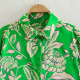Dina Green Floral Collared Neckline Cuff Wrist Long Sleeve Blouse