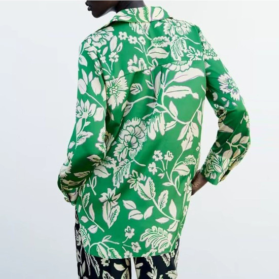 Dina Green Floral Collared Neckline Cuff Wrist Long Sleeve Blouse Dina Green Floral Collared Neckline Cuff Wrist Long Sleeve Blouse
