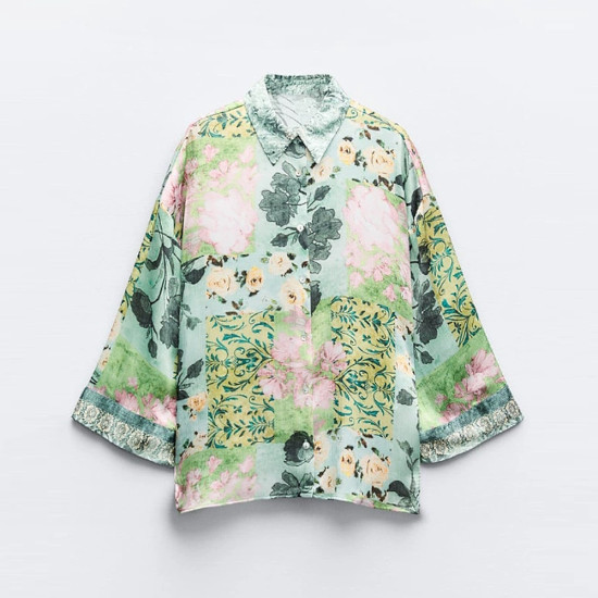 Aqila Green Pink Soft Silk Satin Floral Collared Neckline Wide Wrist Long Sleeve Blouse Aqila Green Pink Soft Silk Satin Floral Collared Neckline Wide Wrist Long Sleeve Blouse
