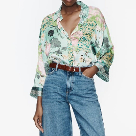 Aqila Green Pink Soft Silk Satin Floral Collared Neckline Wide Wrist Long Sleeve Blouse Aqila Green Pink Soft Silk Satin Floral Collared Neckline Wide Wrist Long Sleeve Blouse