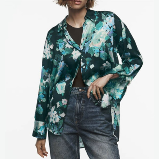 Adelia Green Floral Satin Collared Neckline Korean Silk Long Sleeve Cuff Wrist Blouse Adelia Green Floral Satin Collared Neckline Korean Silk Long Sleeve Cuff Wrist Blouse