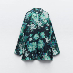 Adelia Green Floral Satin Collared Neckline Korean Silk Long Sleeve Cuff Wrist Blouse