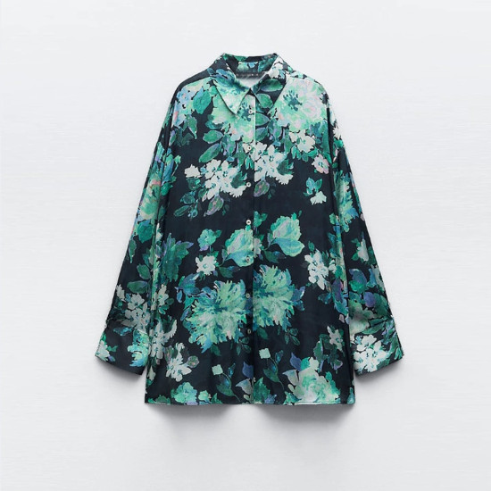 Adelia Green Floral Satin Collared Neckline Korean Silk Long Sleeve Cuff Wrist Blouse Adelia Green Floral Satin Collared Neckline Korean Silk Long Sleeve Cuff Wrist Blouse