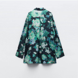 Adelia Green Floral Satin Collared Neckline Korean Silk Long Sleeve Cuff Wrist Blouse