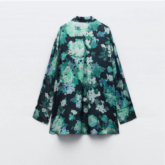 Adelia Green Floral Satin Collared Neckline Korean Silk Long Sleeve Cuff Wrist Blouse