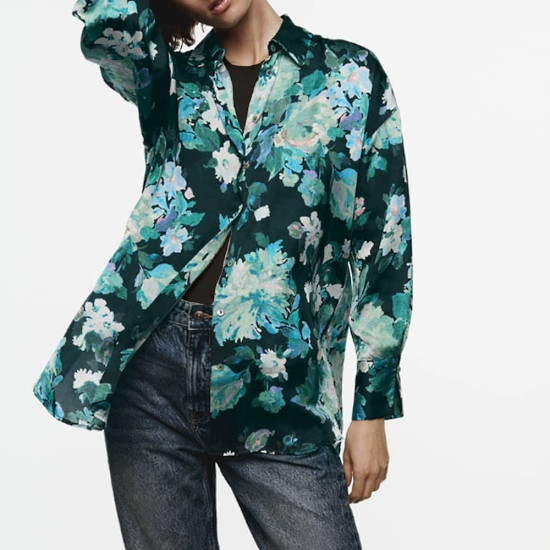 Adelia Green Floral Satin Collared Neckline Korean Silk Long Sleeve Cuff Wrist Blouse Adelia Green Floral Satin Collared Neckline Korean Silk Long Sleeve Cuff Wrist Blouse