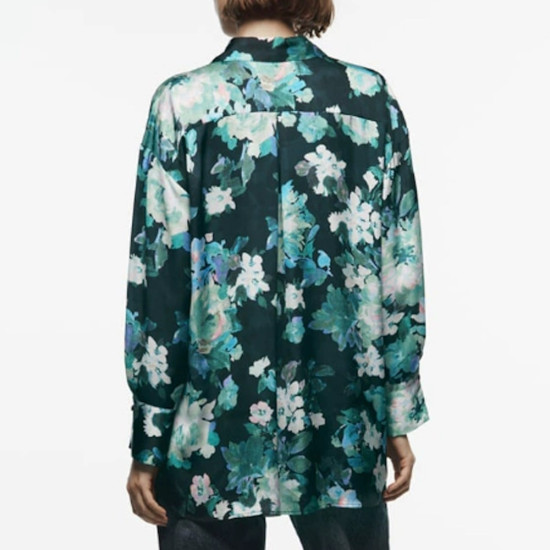 Adelia Green Floral Satin Collared Neckline Korean Silk Long Sleeve Cuff Wrist Blouse Adelia Green Floral Satin Collared Neckline Korean Silk Long Sleeve Cuff Wrist Blouse