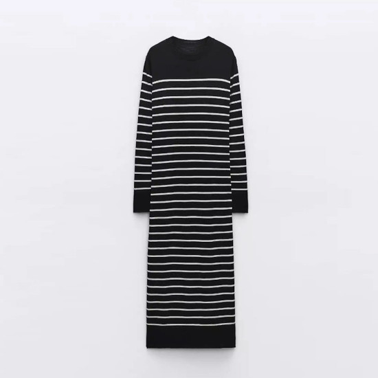 Alya Soft Cotton Stripe Black White Long Sleeve Dress