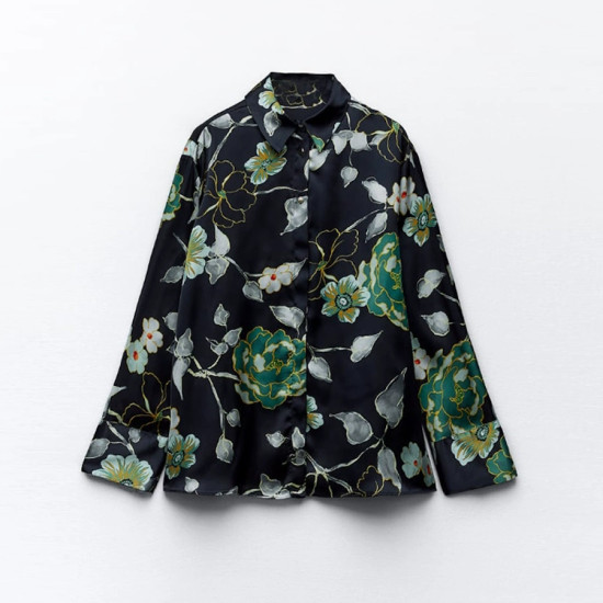 Elyza Black Floral Printed Silk Satin Collared Gold Button Long Sleeve Blouse Elyza Black Floral Printed Silk Satin Collared Gold Button Long Sleeve Blouse