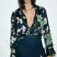 Elyza Black Floral Printed Silk Satin Collared Gold Button Long Sleeve Blouse Elyza Black Floral Printed Silk Satin Collared Gold Button Long Sleeve Blouse
