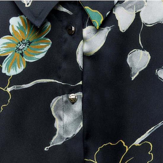 Elyza Black Floral Printed Silk Satin Collared Gold Button Long Sleeve Blouse 
