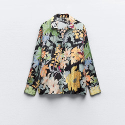 Priya Black Floral Jungle Satin Collared Long Sleeve Blouse