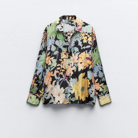 Priya Black Floral Jungle Satin Collared Long Sleeve Blouse Priya Black Floral Jungle Satin Collared Long Sleeve Blouse