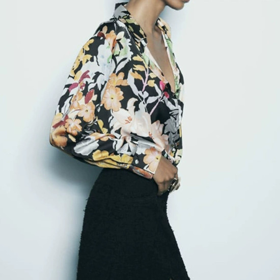 Priya Black Floral Jungle Satin Collared Long Sleeve Blouse Priya Black Floral Jungle Satin Collared Long Sleeve Blouse