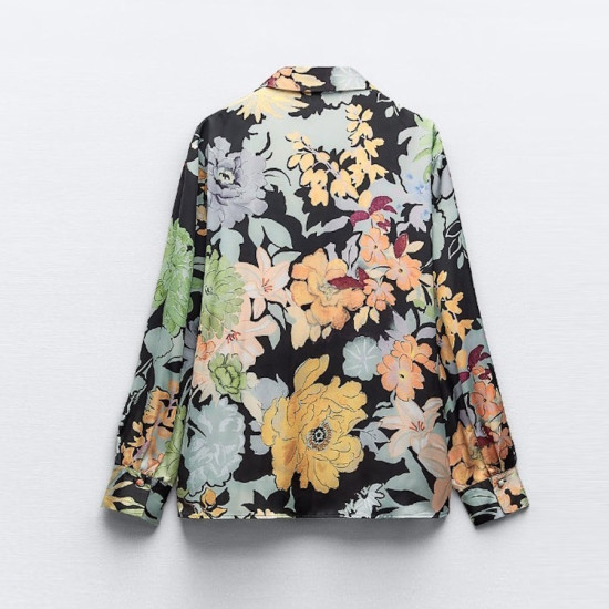 Priya Black Floral Jungle Satin Collared Long Sleeve Blouse