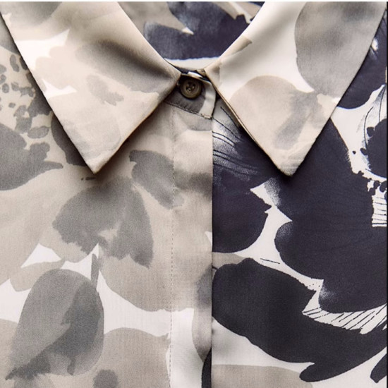 Ebony Grey Satin Floral Print Collared Neckline Long Sleeve Commuting Versatile Blouse