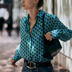 Shania Geometric Blue Green Printed Long Sleeve Blouse