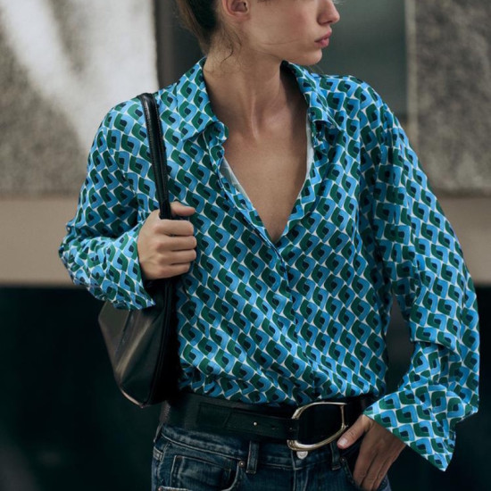 Shania Geometric Blue Green Printed Long Sleeve Blouse Shania Geometric Blue Green Printed Long Sleeve Blouse